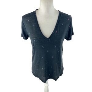 Rails Womens S Cara Black Multi Lightning AOP Thin‎ V-Neck Linen Tencel Blend